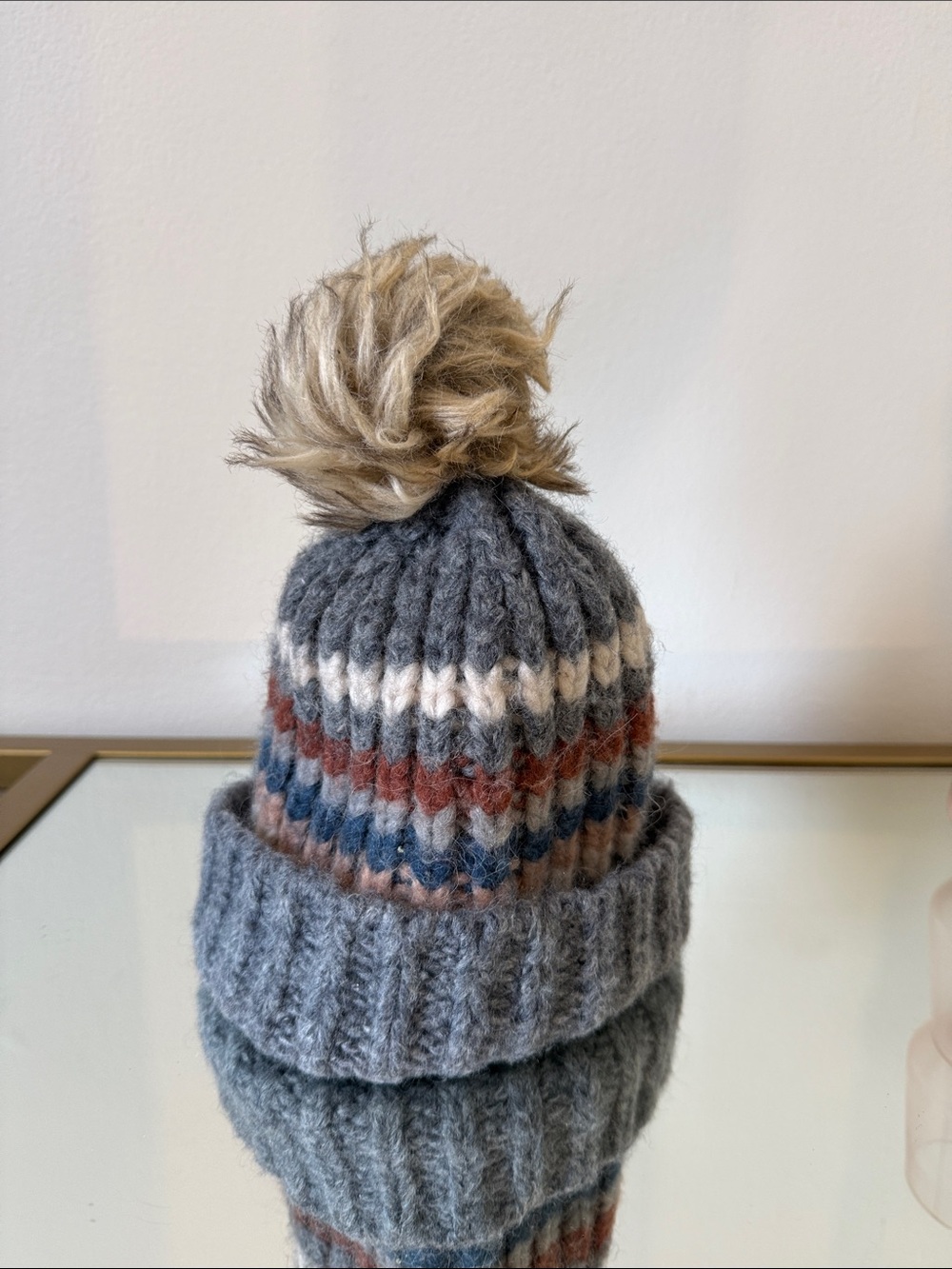 Lucky Brand Gray Knit Pom Beanie with Blue, Rust and Cream Stripes